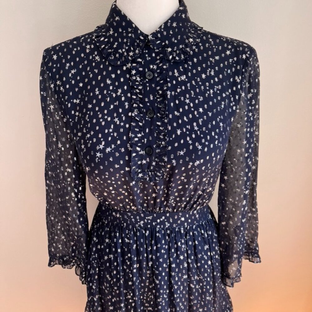 Kate Spade New York Navy & Silver Metallic Star Dress Silk Size 6